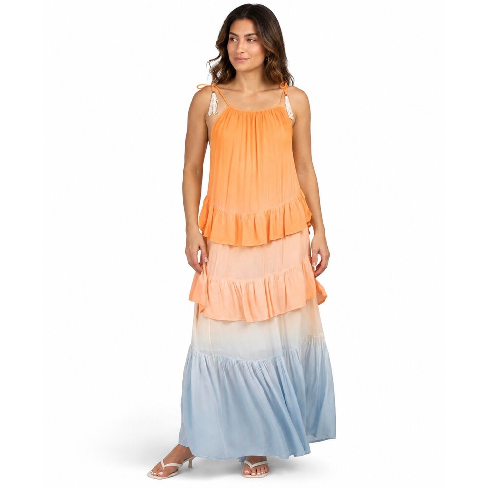 YFB Women's XS New Maxi Dress Gauze Frida Tassel Tie Strappy Tiered Ruffle